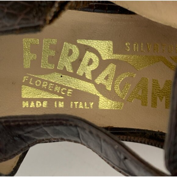 VTG Ferragamo 7B Crocodile Leather T-strap Buckle Shoes Flat Brown Italy 7965 - Picture 8 of 15
